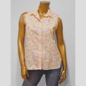 Lands' End Women's No Iron Sleeveless Shirt in Yellow Pink Paisley Size 16W NWOT